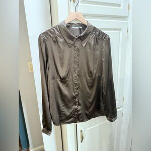 Semantiks chocolate brown silk long sleeve button down fitted blouse Size Large